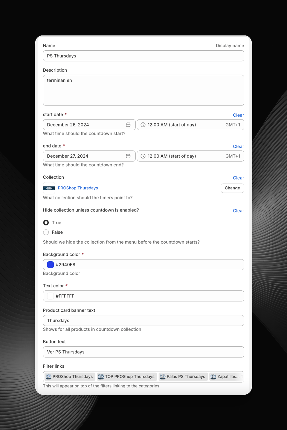 Shopify Admin metaobject UI managing the Pro Shop Thursdays countdown timers