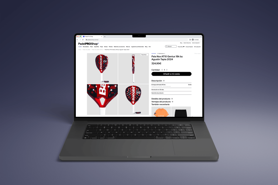 Padel Pro Shop product page with custom name personalization and dynamic delivery date