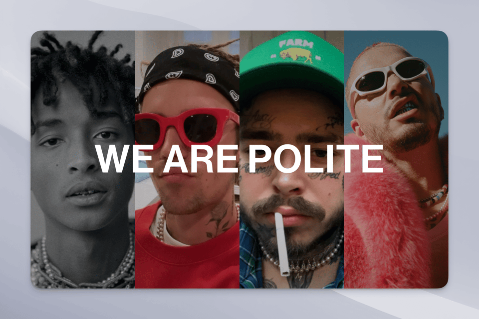 Polite Worldwide homepage section featuring Justin and Hailey Bieber wearing the brand