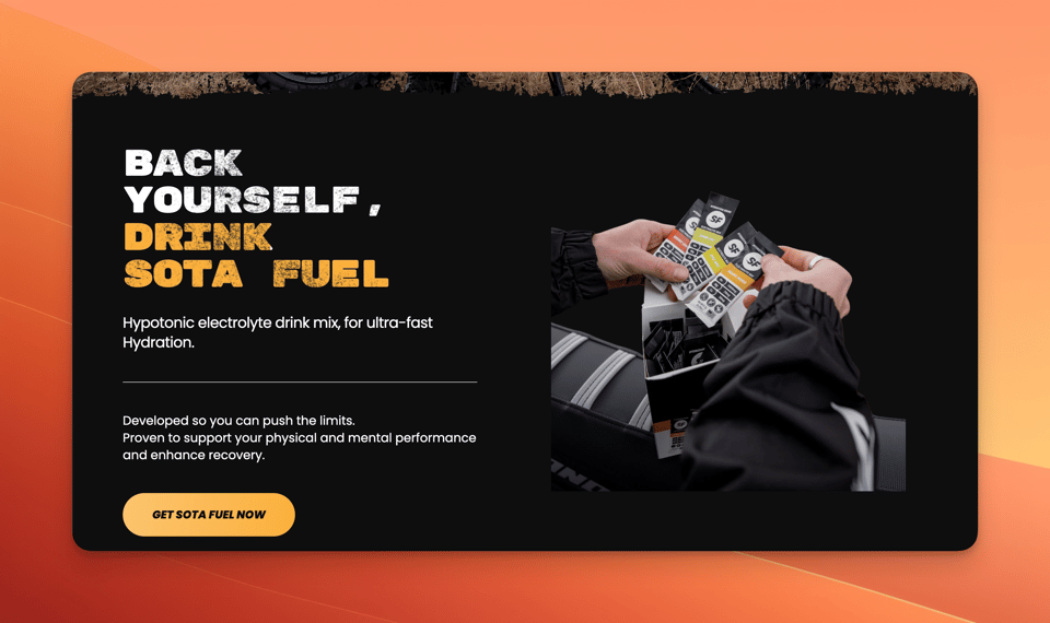 Sota Fuel homepage product-collection section with animated bottle reveal for the electrolyte range