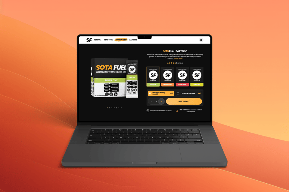 Sota Fuel hydration product page with ingredient breakdown and subscribe-and-save