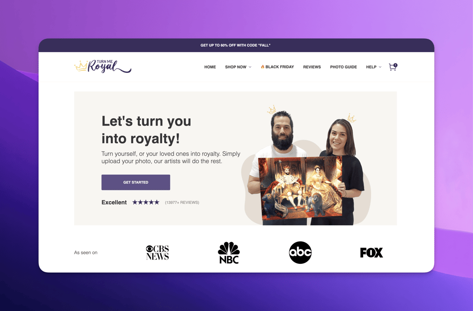 Turn Me Royal pre-redesign homepage — legacy Shopify theme before performance rebuild