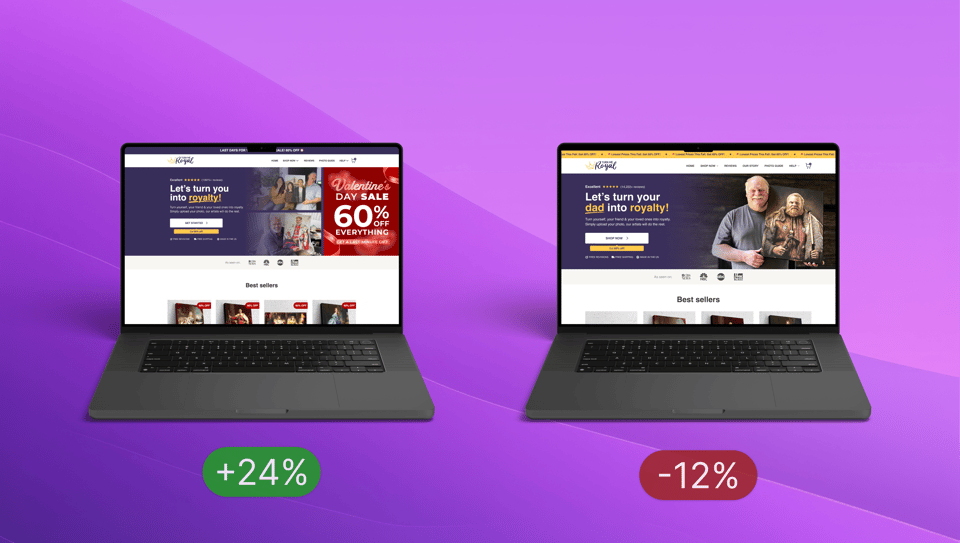 VWO split test variant of the Turn Me Royal homepage — new hero composition